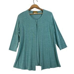 Linda Lundstrom Basics Teal Textured Open Front Button Cardigan Sweater Women M